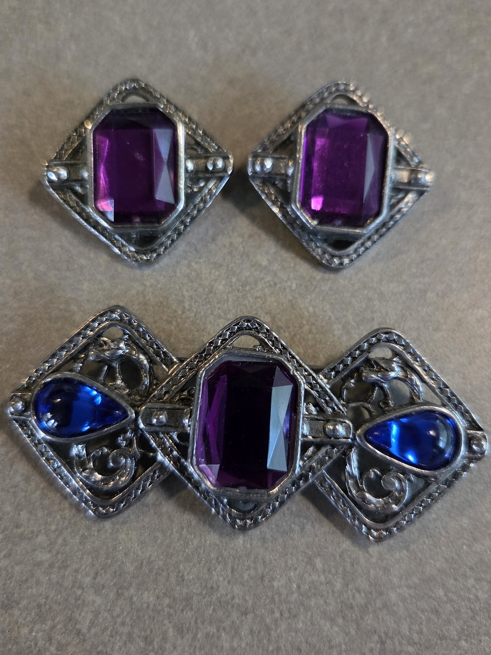 Amethyst and Cobalt Glass Stone Silver-Tone Brooch Set